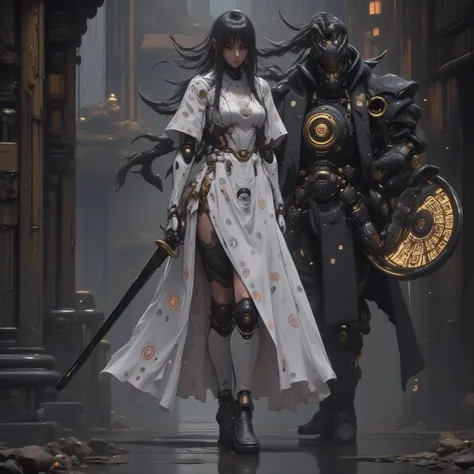 - Main Character, "Japanese" Adult Woman, Beautiful, tall, long legs, very clear Japanese tattoos.

- Wearing a costume ("Full Sexy Armor").
(Chest and Thigh Armor are half open).
The costume has a futuristic design, Wearing a dull Black Robe.

- Sexy and ...