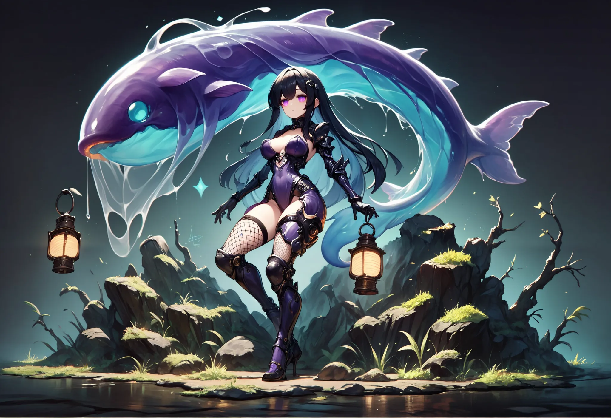 Female. Rider suit. Black and purple costume. Black hair. Long hair. Straight hair. Droopy eyes. Thick legs. Thighs. Fishnet stockings. Lantern. Purple whale ghost. Translucent whale bone.