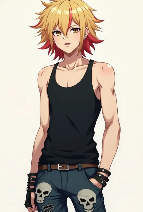 Anime boy with blond hair and red tips . He has brown eyes, lip piercing,  he was wearing a black tank top in biggie jeans and jeans were strapped in his skull. 