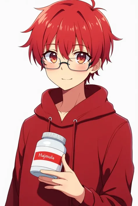 An anime boy who looks 19 wearing red clothes red hair and red hair looking straight with smile and wearing glass with White background while holdinng a white jar with red label on which "Hajmula" is written