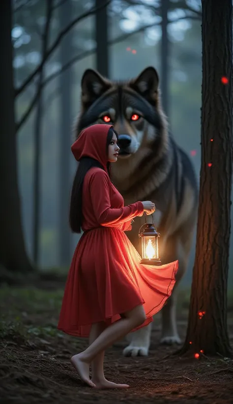  The image depicts a mystical and atmospheric scene in a dark forest .  The center of the image is a woman in a striking red robe with a hood ,  reminiscent of the classic fairy tale  " Little Scarlet Red Scarf ". Thin fluffy skirt that reveals one leg out...