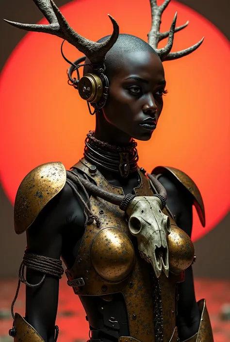 A futuristic cyberpunk young black-skinned ebony woman with a shaved head. She wears intricate bronze and metallic armor made from recycled old and rusted car body parts. The armor includes easily recognizable elements such as fenders from a Citroen 2CV as...