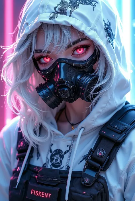 dark fantasy illustration, high detail fantasy anime, a highly stylized and vivid digital artwork featuring a futuristic and cyberpunk aesthetic. The character is adorned in a white hoodie with intricate black patterns and a skull motif, complemented by a ...
