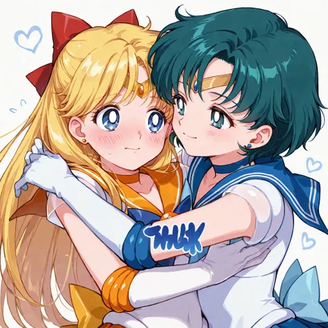 2girls, hug each other, 
BREAK sailor mercury, blush,
BREAK sailor venus, smile,