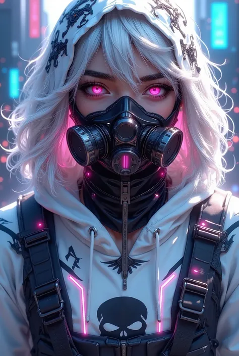 dark fantasy illustration, high detail fantasy anime, a highly stylized and vivid digital artwork featuring a futuristic and cyberpunk aesthetic. The character is adorned in a white hoodie with intricate black patterns and a skull motif, complemented by a ...