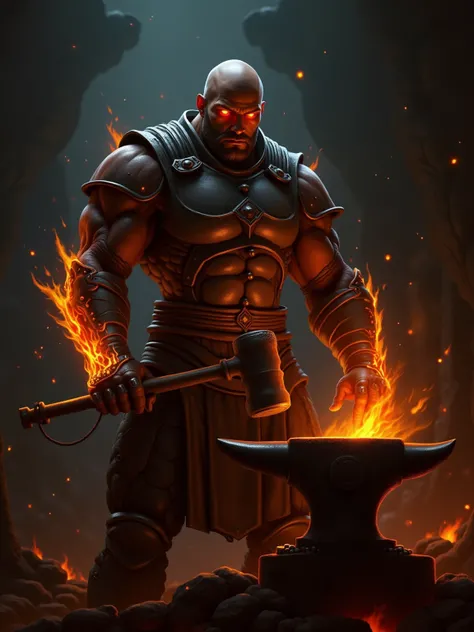 Heavily Muscled Cybernetic Man, Bald, Clean Shaven, Dark Skin, Glowing Orange Eyes, Wearing Flame Scarred Molten Armor, Flame Scarred Molten Gauntlets Aflame, Hammering a piece of metal on an Anvil, Standing at a Blacksmith's Forge, Forge Fires light the s...