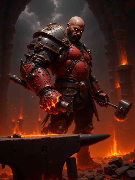 Heavily Muscled Cybernetic Man, Bald, Clean Shaven, Dark Skin, Glowing Orange Eyes, Wearing Flame Scarred Molten Armor, Flame Scarred Molten Gauntlets Aflame, Hammering a piece of metal on an Anvil, Standing at a Blacksmith's Forge, Forge Fires light the s...