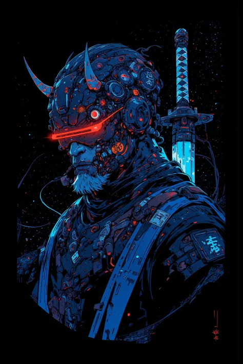    anime style illustration ,  sci-fi tech wear fused with a kimono ,    and a devil wearing a sword and helmet   , the mouth is sewn with some kind of thread , helmet warrior   ,  mobility  ,  back Apply neon blue lighting effects from ,,  Gadget Details ...