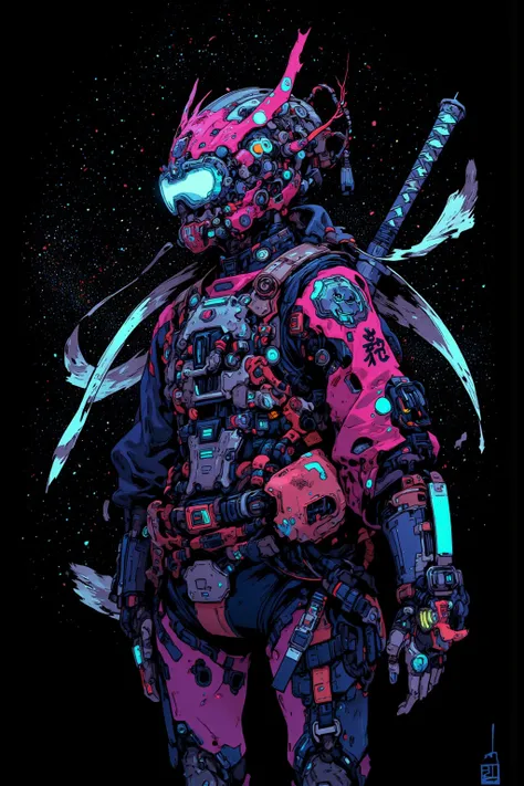    anime style illustration ,  sci-fi tech wear fused with a kimono ,    and a devil wearing a sword and helmet   , the mouth is sewn with some kind of thread , helmet warrior   ,  mobility  ,  back Apply neon blue lighting effects from ,,  Gadget Details ...