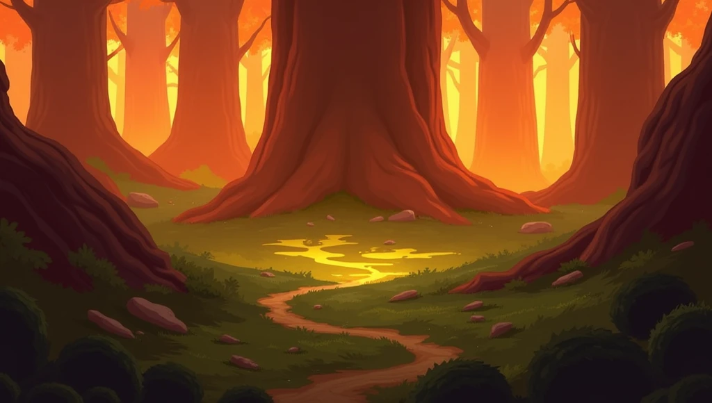 forest, brightly,  The size of the floor is at least half of the image,  and the bottom position is the battle space below, The background image is , Increase the land ratio ,  empty space in the middle of the tree , 2D