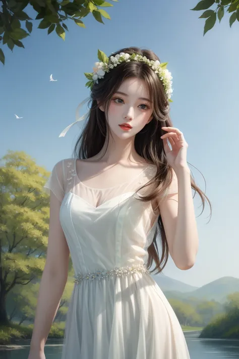 Surreal 8K, perfect artwork,  super detailed,  top quality,  masterpiece 4K wallpaper aesthetics,  masterpiece,  Award-Winning Artwork,  Official Art,  Fuck Dick Her . ( elegant: 1.3)  Elegant Woman, I'm wearing a white see-through dress,  with a white wre...