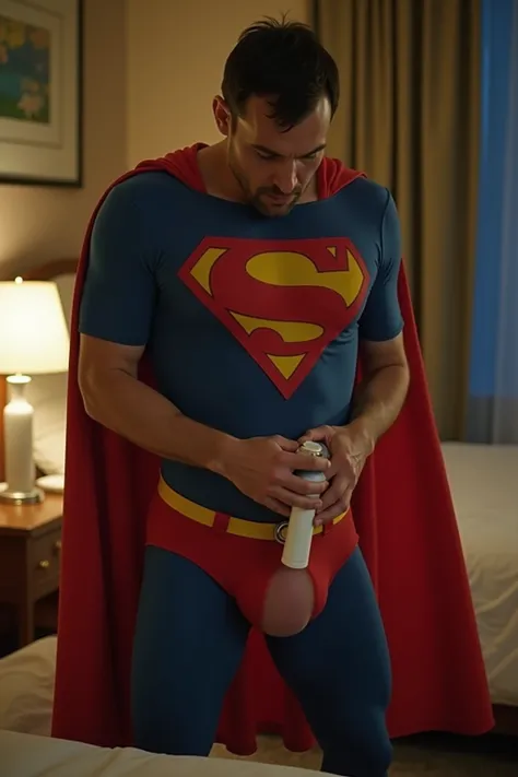 Hotel, bedroom, a 45 aged father wearing a superman costume is feeling orgasm, (his superman costume is a damp full body costume:1.4). (father fucks a naked uncle from behind:1.3). father is holding the uncle's waist, sexual role play, sex, (the uncle's bu...