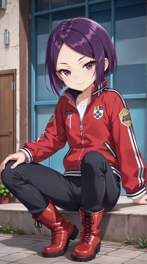 (UHD, retina, masterpiece, accurate, anatomically correct, super detail, high details,     highres, 1080P, 16k:1.3)、(kitora ai:1.3)、Purple hair、Purple eyes、short hair, forehead、(very flat chest:1.5)、(shiny skin:1.3)、(red jacket, black pants, red footwear,b...