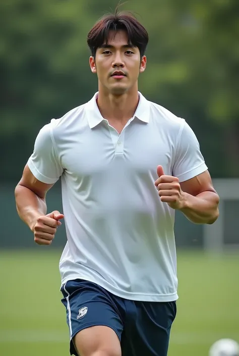 ((Korean man wearing white polo shirt, wet with water, wet with sweat , Face Wet Sweat )) , (((Big arm muscles,  tight breasts ,  Muscle Bundle, ))), ((( tights ))), (((Men with short hair))), (((, big muscles, big torso))), (((Seductive fit body ))), ((Sh...