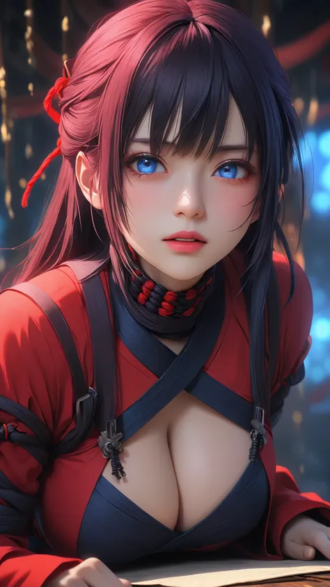  Masterpiece、 high quality、 Hi-Res、 Hi-Res、 portrait、 girl、Red Ninja With Long Sleeves 、 beauty、Beauty、 skirt by humili、  beautiful face、 Detailsな Details、 Absurd Details, best light,  sharp,  sharp image, ultimate, Details, extremely  Details、 Particle Ef...