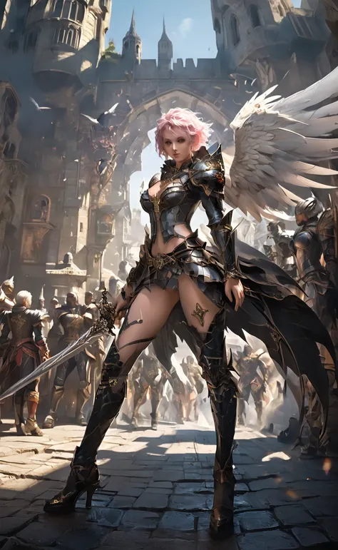 score_9, score_8_up, score_7_up. epic realistic 3D, RAW, analog, A full portrait of (Lineage II character) , (Female Kamael), ((one winged)) , (only left wing:1.3), pink hued white hair, grabbing rapier, pink hued pale skin, (bare naked), high heels boots,...