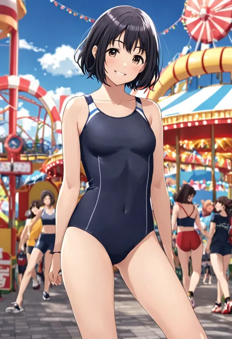 Personal、 sounds fun、smile、whole body、、Alone,,  top quality,  beautiful women, "Ritsuko Akizuki" from " idolmaster" small tits,  slim waist,captivating face, black hair, short hair,gym swimsuit,,1 person,Alone, Amusement Park