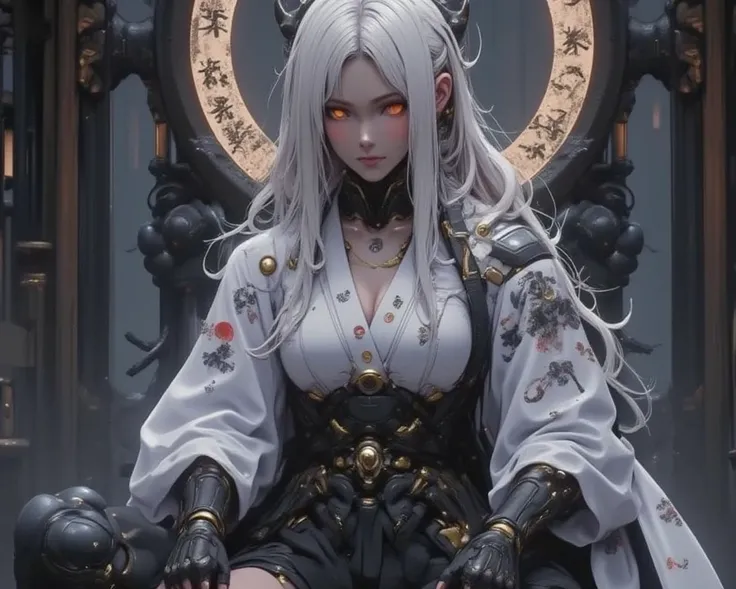 - Main Character, "Japanese" Adult Woman, Beautiful, tall, long legs, very clear Japanese tattoos.

- Wearing a costume ("Full Sexy Armor").
(Chest and Thigh Armor are half open).
The costume has a futuristic design, Wearing a dull Black Robe.

- Sexy and ...