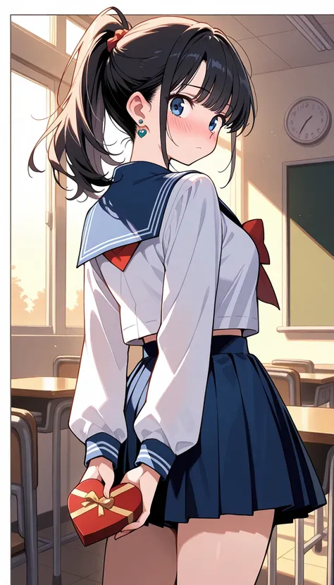 ( beautiful girl : 1.3), 1 girl,( sailor suit, Long Sleeve, check skirt, earrings), black hair, ponytail,panic, is bashful,blush,Hide a packet containing chocolate on your back, Valentine's Day ,evening,Empty classroom,masterpiece, top quality, ultra high ...