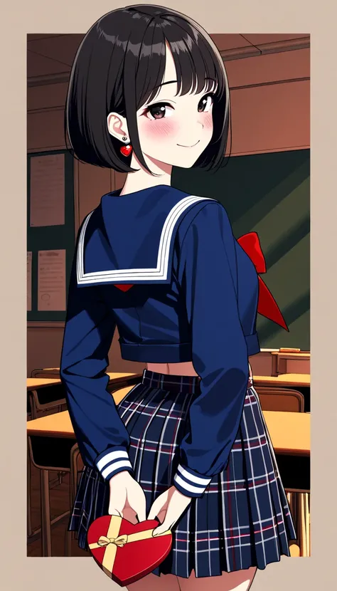 ( beautiful girl : 1.3), 1 girl,( sailor suit, Long Sleeve, check skirt, earrings), black hair, bob cut from behind,smile,panic, is bashful,blush,Hide a packet containing chocolate on your back, Valentine's Day ,evening,Empty classroom,masterpiece, top qua...