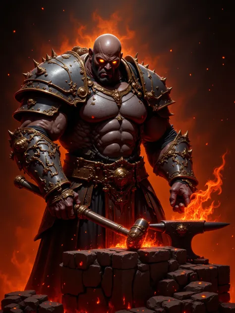 Heavily Muscled Cybernetic Man, Bald, Clean Shaven, Dark Skin, Glowing Orange Eyes, Arms Made of Molten Metal, Wearing Flame Scarred Molten Armor, Flame Scarred Molten Gauntlets Aflame, Hammering a piece of metal on an Anvil, Standing at a Blacksmith's For...