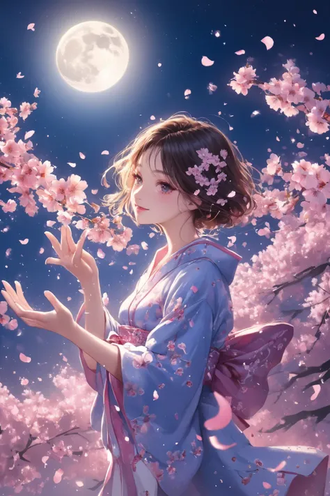 Weeping cherry blossoms at night that shine blue with gentle moonlight 、One young beautiful woman illuminated by the full moon、A big smile、 supple and curved proportions、 holding a dance fan in her right hand 、Anatomically accurate、Human hand（only five fin...