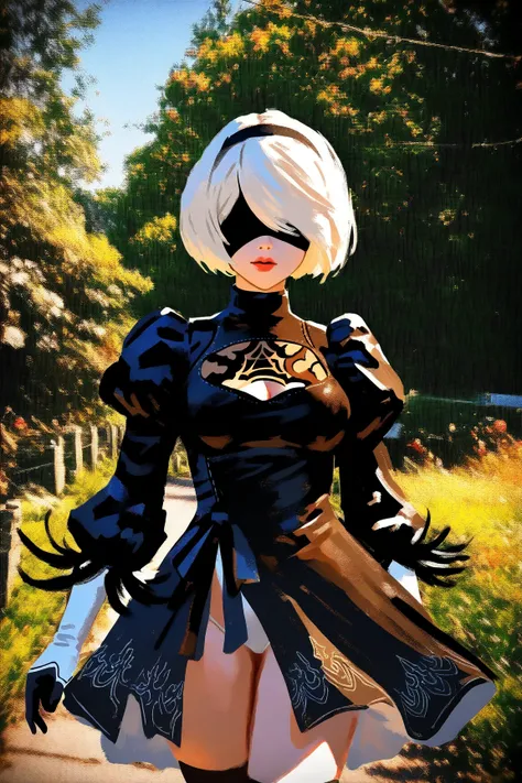 YorHa 2B, 2B Nier Automata, cowboy shot, depth of field, faux traditional media, painterly, impressionism, photo background