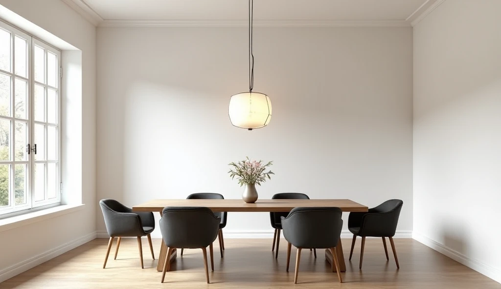 Create an image of a dining room with freshly installed, smooth sheetrock walls that highlight the clean and modern aesthetic of the space. The walls are painted in a soft, neutral color, creating a bright and inviting atmosphere. The room is elegantly fur...