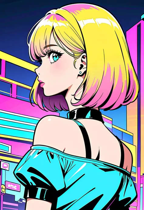 ( top quality:1.2,  city pop style,  very well detailed,  latest,  lively,  high contrast,  masterpiece:1.2,  top quality,  Best Aesthetics),  girl, (( upshot:1.4)),  colorful hair,  bob cut from behind,  pastel color ,  1980s Style , ((Retro,  vintage,  e...