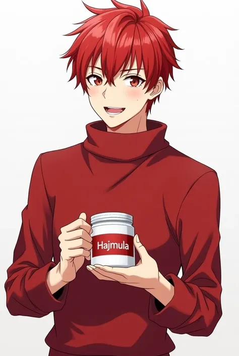 An anime man who looks manly  24 wearing red clothes red hair and red hair looking straight with smile  with White background while holdinng a white jar with red label on which "Hajmula" is written make  him look badass too