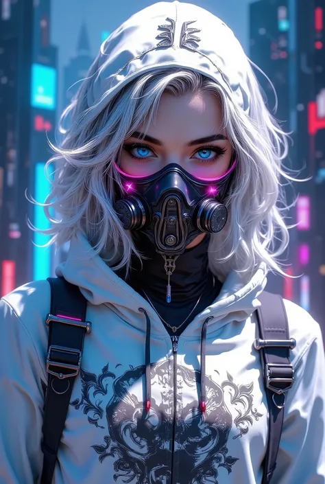 dark fantasy illustration, high detail fantasy anime, a highly stylized and vivid digital artwork featuring a futuristic and cyberpunk aesthetic. The character is adorned in a white hoodie with intricate black patterns and a skull motif, complemented by a ...