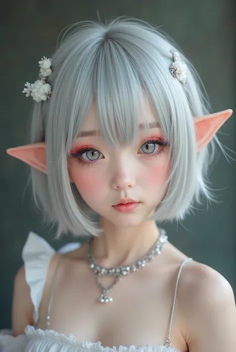 Full shot of a naked young Loli who appears to be a cosplayer.

The  girl has fair skin and light gray hair/silver hairstyle in a short layered bob .  She has visible anime-style elf ears and decorative elements on her headdress .  Her eyes are visible and...