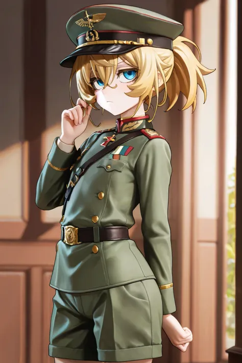 NSFW, Masterpiece, top quality, Hi-Res, very detailed, Tanya DeGrechaff\(Young Women's Volleyball\), short hair、 blue eyes、 blond hair、 、 side lock、stupid hair、 ponytail、ショート ponytail, Long Sleeve、hat、belt、uniform、 Army、uniform、 peak cap、military cap