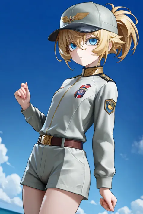 NSFW, Masterpiece, top quality, Hi-Res, very detailed, Tanya DeGrechaff\(Young Women's Volleyball\), short hair、 blue eyes、 blond hair、 、 side lock、stupid hair、 ponytail、ショート ponytail, Long Sleeve、hat、belt、uniform、 Army、uniform、 peak cap、military cap