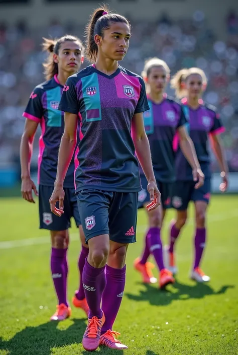  soccer uniforms with the colors purple, Dark blue,  Sky Blue , black and pink for young men