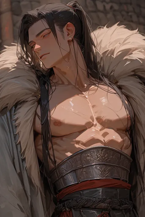 masterpiece, newest, absurdres, safe Solo, high detailed, male, handsome masculine male, Sexy male. Masculine male. Handsome Male, sexy male, Seductive, tanned, black hair, long hair, ponytail, long hair, mongolian, exposed chest, open shirt, mongolian sol...