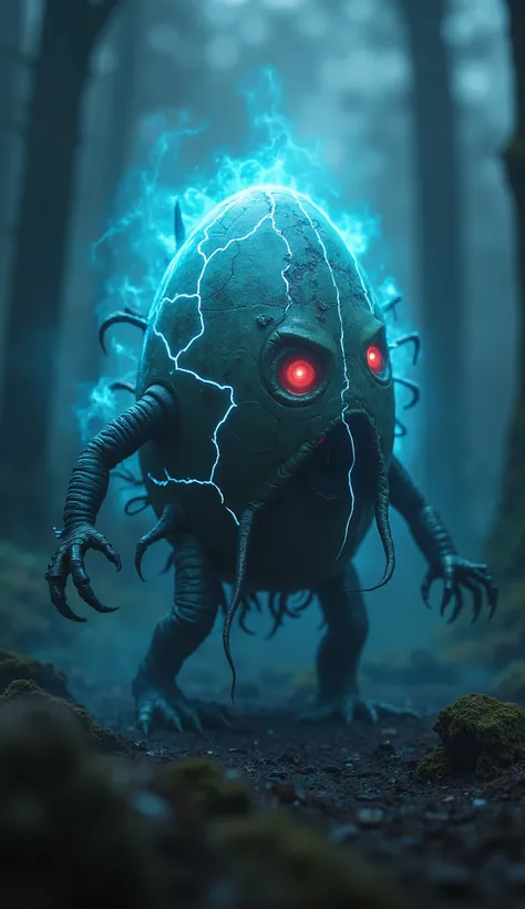 Egg-like Monster:
"A terrifying egg-shaped monster with a cracked, glowing outer shell. The cracks emit a neon blue light, and strange tendrils emerge from within the shell. It has sharp, clawed feet and glowing red eyes at the top of the shell. Its body p...