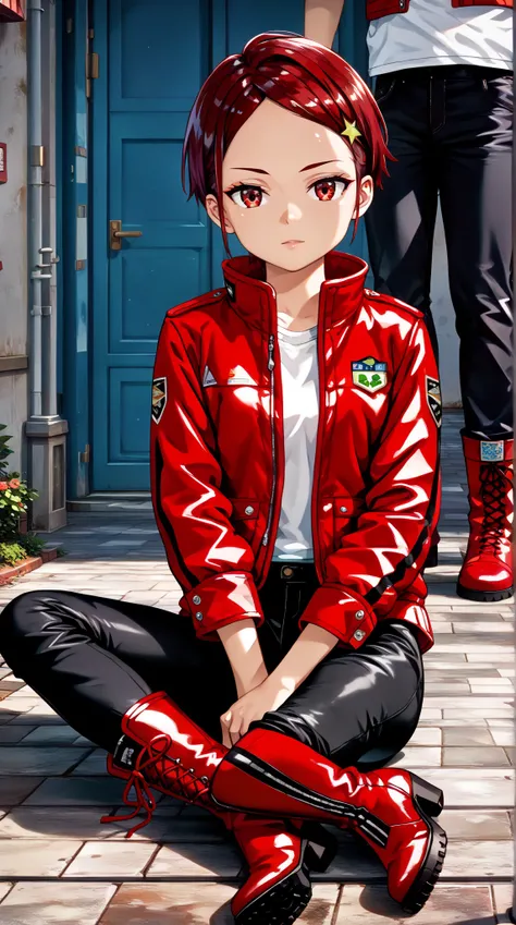 (UHD, retina, masterpiece, accurate, anatomically correct, super detail, high details,     highres, 1080P, 16k:1.3)、(kitora ai:1.3)、short hair, forehead、(shiny skin:1.3)、(red jacket, black pants, red footwear,boots:1.5)