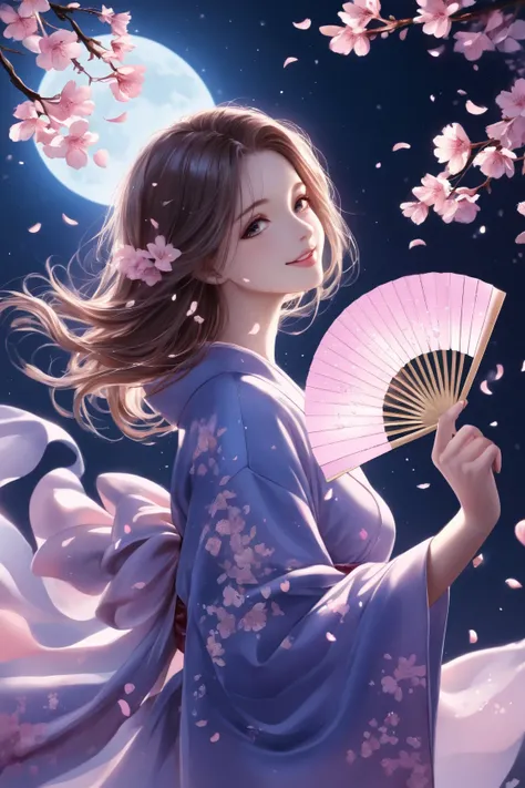 Weeping cherry blossoms at night when they shine blue 、One young beautiful woman illuminated by the full moon、A big smile、 supple and curved proportions、 holding a dance fan in her right hand 、 Anatomically Accurate Hands （only five fingers、Natural Shape、 ...