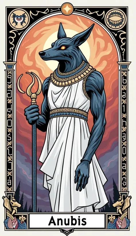 Tarot Card: The High Priest (Hierophant) – Anubis, Keeper of Mysteries

A majestic Anubis, the ancient Egyptian god of the afterlife, stands in the center of the card, embodying the wisdom and authority of The High Priest (Hierophant). His form is a fusion...