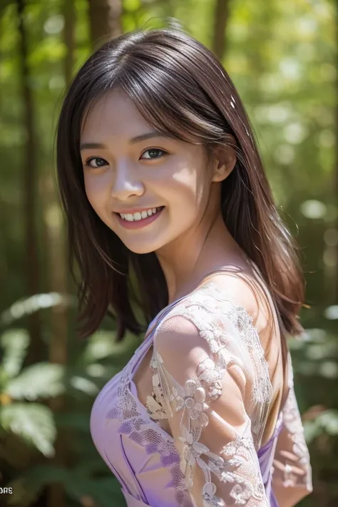 (8k, RAW photo, photorealistic, HQ, masterpiece), a cute Japanese woman, (glowing eyes), 
(smile), brown hair, (Sexy purple lace long  dress:1.2), large breasts, (in the forest),(Seductive pose, dynamic and sexy pose:1.2), 
blurred background, depth of fie...