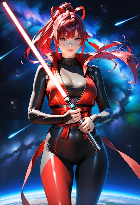 Masterpiece, (highest quality, create a high resolution,4K, 8k),(realistic,  photorealistic: 1.5), Cosmic Space,Space Samurai , high ponytail、ribbon、Wearing a tight sexy samurai costume， holding a lightsaber ，、 Sakurabuki:1.7 Distinctive Features  ； This p...