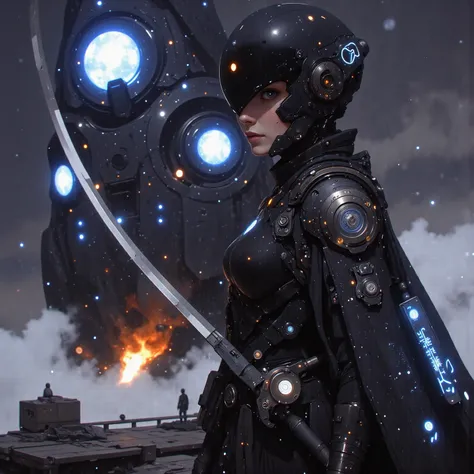 samurai、warrior、A cybernetic female cosmic samurai stands poised on the observation deck of a colossal interstellar battleship, her obsidian space-helm visor reflecting nebula patterns while maintaining her composed warrior’s gaze. Her right arm transforms...