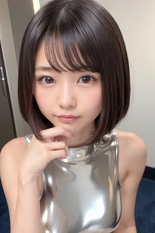 8k,   nothing ,   very well detailed,   masterpiece,   top quality,（10歳の  idol：1.5）、Photo-like facial expression、 1 日本人の girl 、 ( Ultra Shiny Silver Latex Dress  :1.3), 、Bare wrist、  accurate finger depiction  、  an ultra-tight, thin metallic latex dress、 ...