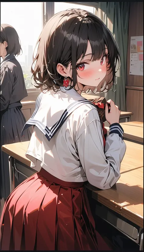 ( beautiful girl : 1.3), 1 girl,( sailor suit, Long Sleeve, check skirt, earrings), black hair, bob cut from behind,panic, is bashful,blush,Hide the chocolate package with your hands, Valentine's Day ,evening,Empty classroom,masterpiece, top quality, ultra...