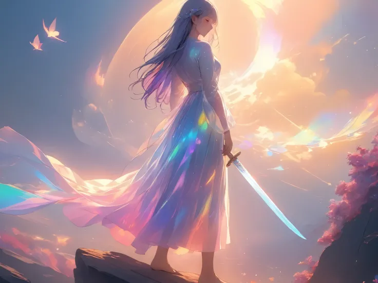 ( top quality,4K,8k, high definition , masterpiece :1.2), Girl with a long sword 、 Morning time standing on a large rock 、 is a work of art that embodies the beauty and inner strength of a long dress 、The girl's hair shines 、 The light of the sunr...