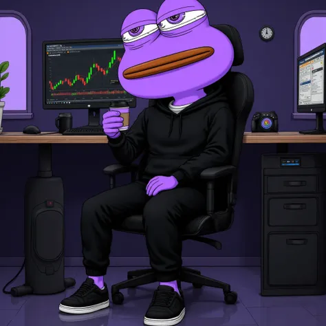 purple color character, purple skin, purple pepe the frog, wearing black hoddy, wearing black sneakers, hold coffee cup with single hand, sit on gaming chair, pc set-up, monitor show crypto trading chart, anime style, keep character realistic, modern anime...