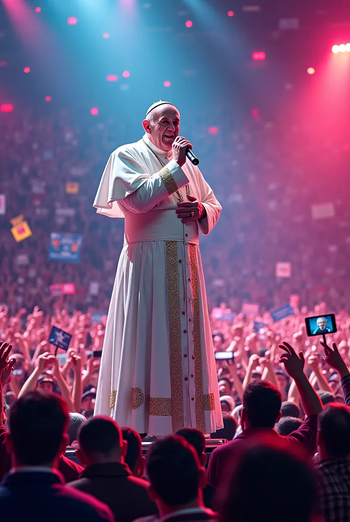 Create Pope Francis Rapping at a concert against President Trump while the whole crowd mocks Donal Trump 