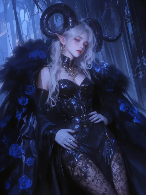 1girl,solo, bangs, The setting a beautiful girl with one hand on her waist (dynamic pose 1:2). The girl wears a tight black dress, sweetheart neckline, blue flowers on the dress, a dark blue fur coat with dark blue flowers, long black tight sleeves without...