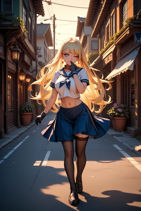 (Masterpiece, Top Quality, Uncensored), (Best Shadow, Very Delicate and Beautiful), One Woman, Beautiful Girl, Japanese Anime Style, Turning While Walking, Residential Area, Narrow Street, Morning Sunset, Blonde Hair, Semi Long Hair, Blue Violet Eyes, Spar...